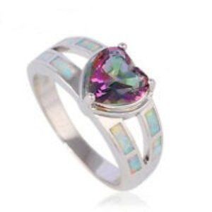 New - Heart Cut Rainbow Topaz and White Fire Opal Silver Ring - Size 7 or 8